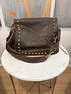 MAYA MOON Stud-Trim Brown Leather Satchel Bag